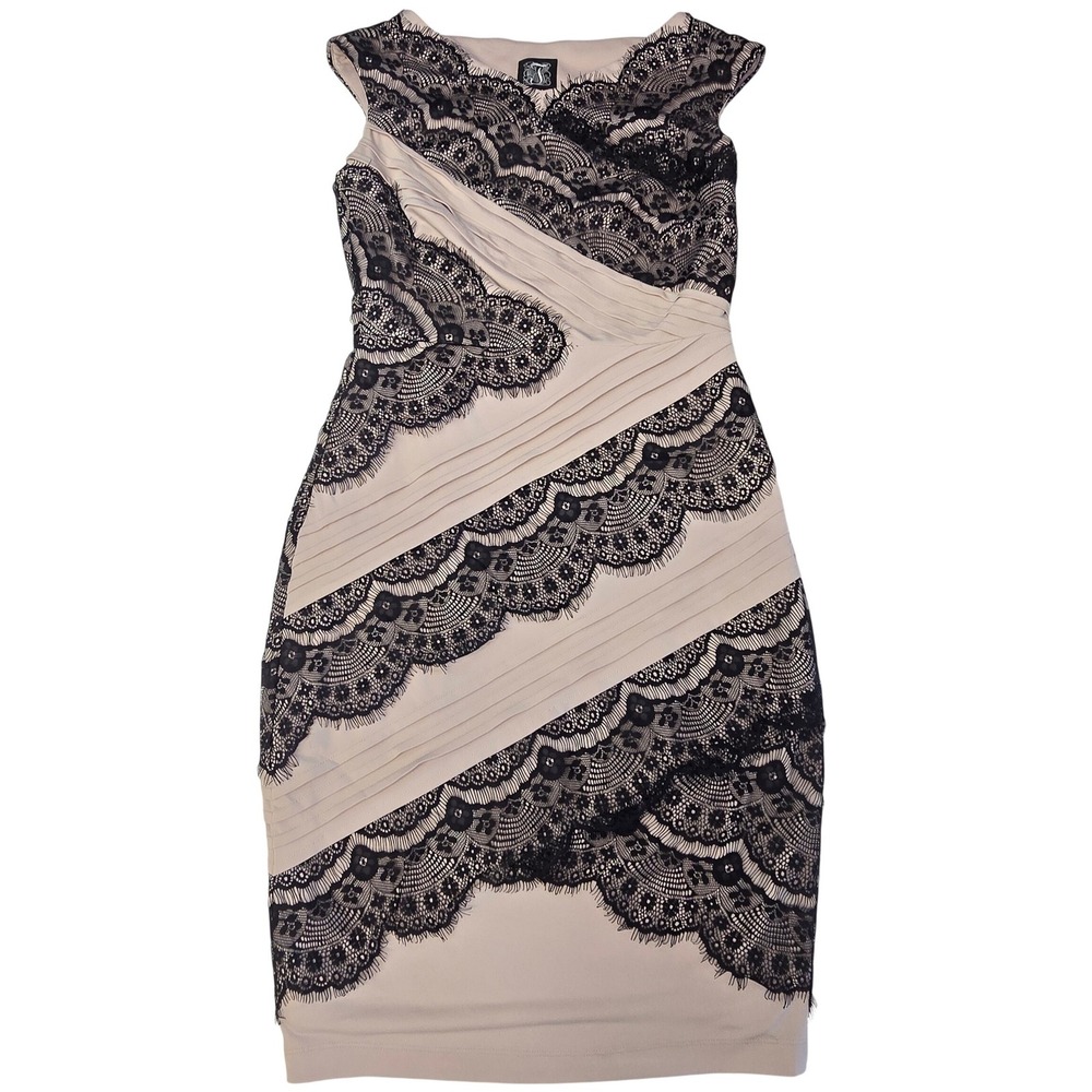 Jax Women Beige Black Lace‎ Tiered Bodycon Sheath Dress Cocktail Size 4 Formal